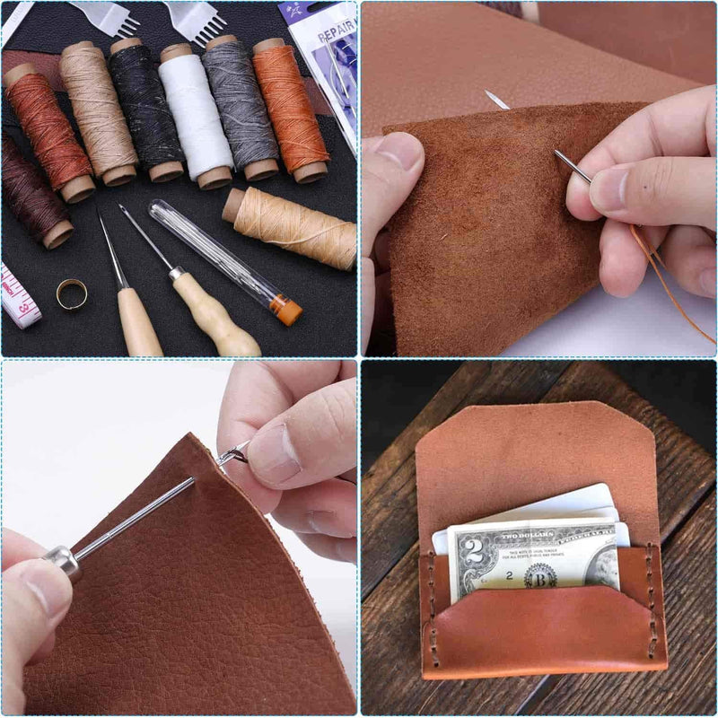 Cridoz 35 Pcs Leather Stitching Pouch Kit with 4mm Prong Sewing Hole Punch, Leather Sewing Tools, Waxed Thread and Large-Eye Stitching Needles for Beginner Leather Sewing Working Crafting Projects - NewNest Australia