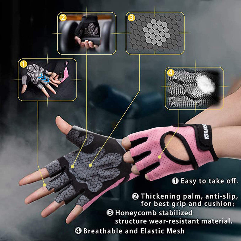 KANSOON Essential Breathable Workout Gloves, Weight Lifting Fingerless Gym Exercise Gloves with Curved Open Back, for Powerlifting, Women and Men Pink Medium - NewNest Australia