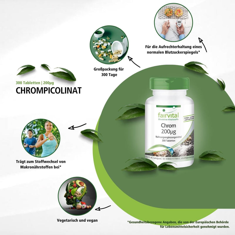Fairvital | Chromium 200µg - High dose - 200mcg per tablet - Vegan - made from Chromium Picolinate - essential trace element - 300 tablets - NewNest Australia