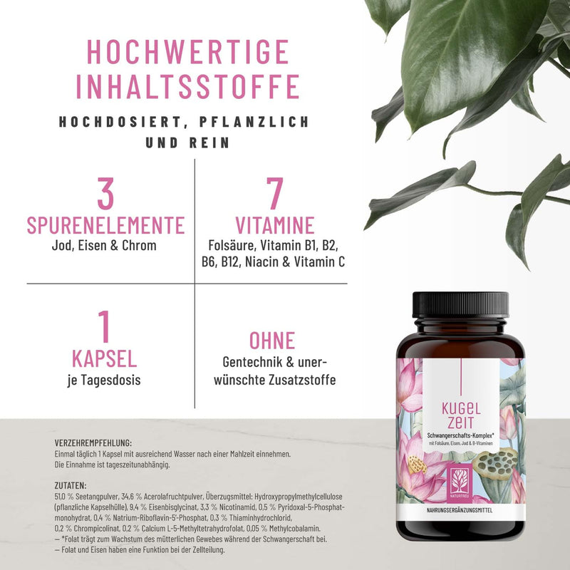 Pregnancy vitamins - complex for all trimesters with folic acid as folate, chromium, iron, iodine & 7 vegan vitamins - support during pregnancy - Kugelzeit from Naturtreu® - NewNest Australia