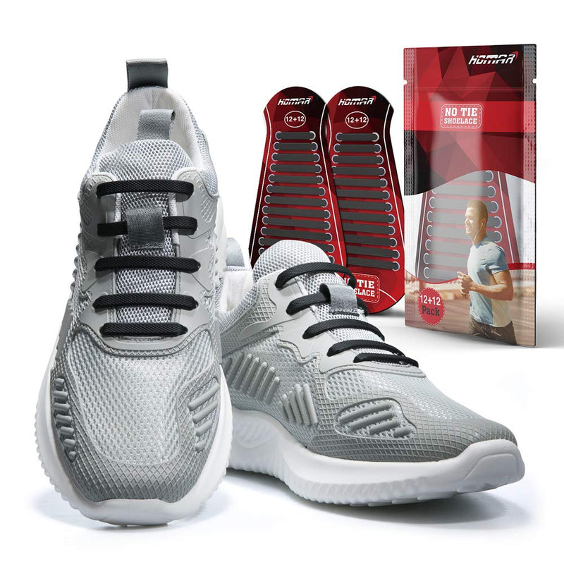HOMAR No Tie Silicone Shoe Laces Elastic Strech Tiless Rubber Laces with 12 Colors for Kids Adults Trainers Waterproof Flat No Tie Shoelaces for Sneakers Board Shoes Casual Shoes Black - NewNest Australia