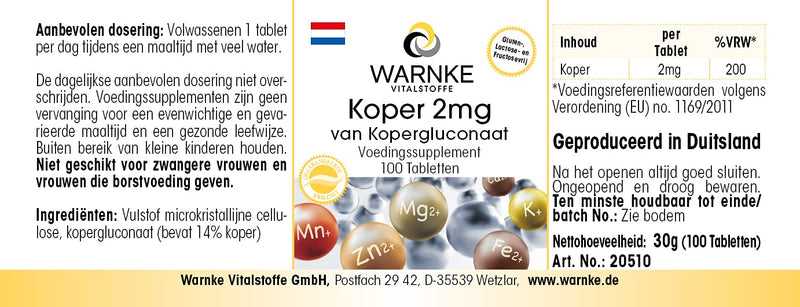Copper 2mg from copper gluconate - vegan - 100 tablets | Warnke vital substances - NewNest Australia