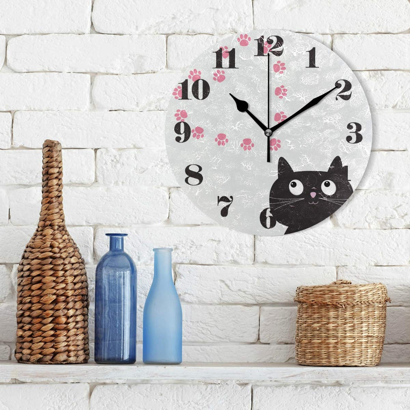 NewNest Australia - senya Wall Clock Silent Non Ticking, Round Cat and Paw Print Art Clock for Home Bedroom Office Easy to Read Pattern 1 