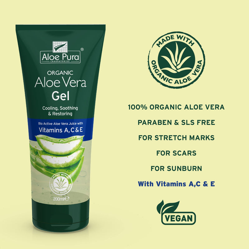 Aloe Pura, Organic Aloe Vera Gel with Vitamin's A, C and E, Natural, Vegan, Cruelty Free, Paraben and SLS Free, Soothing, Restoring, 200 ml With vitamins A,C & E 200 ml (Pack of 1) - NewNest Australia