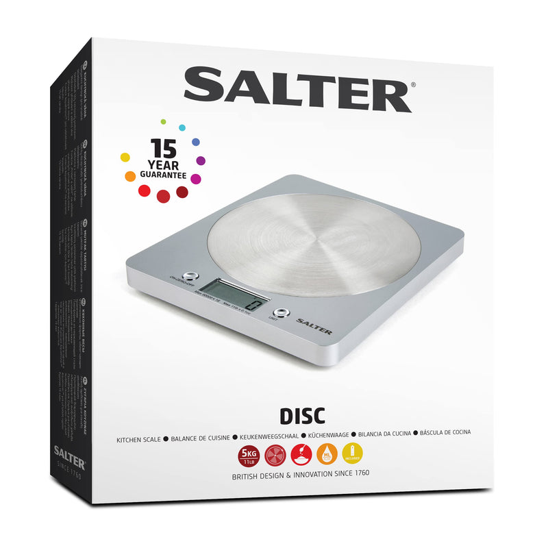 Salter 1036 SVSSDR Disc Electronic Scale, Digital Weighing, Stylish Slim Design, Home/Kitchen Cooking, Spun Stainless Steel Platform, Add,Weigh, Measures Liquids/Fluids, 5 Kg Capacity, Silver/Chrome Single - NewNest Australia