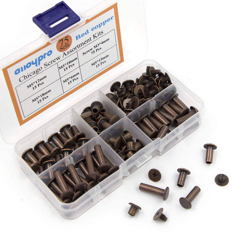 75 Sets Chicago Screws Assorted Kit Red Copper Leather Rivets Screw Rivets Slotted Phillip Head Book Binding Posts Nail Rivet Chicago Bolts for DIY Leather Craft Bookbinding (5x6,10,12,15,18) Red copper 5x6,10,12,15,18 - NewNest Australia