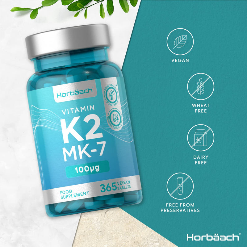 Vitamin K2 MK7 100mcg | 365 Vegan Tablets (not Capsules) | High Strength Menaquinone 200mcg Take 2 | Maintenance of Normal Bones | Non-GMO, Gluten Free Supplement | No Artificial Preservatives - NewNest Australia