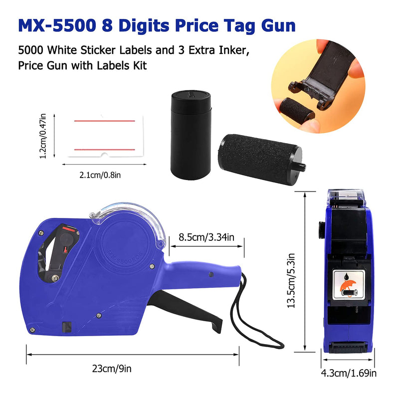 MX-5500 8 Digits Price Tag Gun with 5000 White Sticker Labels and 3 Extra Inker, Price Gun with Labels Kit, Label Maker Pricing Gun Kit, Numerical Tag Gun for Office, Grocery Store Marking (Blue) Blue - NewNest Australia
