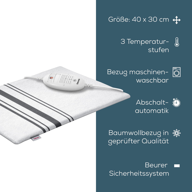 Beurer HK 25 heating pad, cozy heat pad with 3 temperature levels, automatic switch-off and safety system, machine washable, 40 x 30 cm, white-gray With removable cover - NewNest Australia