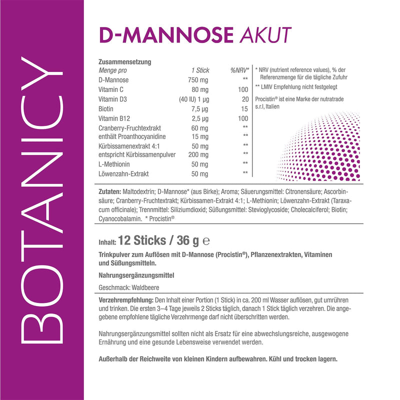 Botanicy D-MANNOSE + CRANBERRY AKUT, powder sticks for urinary tract and bladder, contains dandelion, pumpkin seeds, vitamin C and L-methionine (12 sachets of 3 g each), 36 g, purple - NewNest Australia