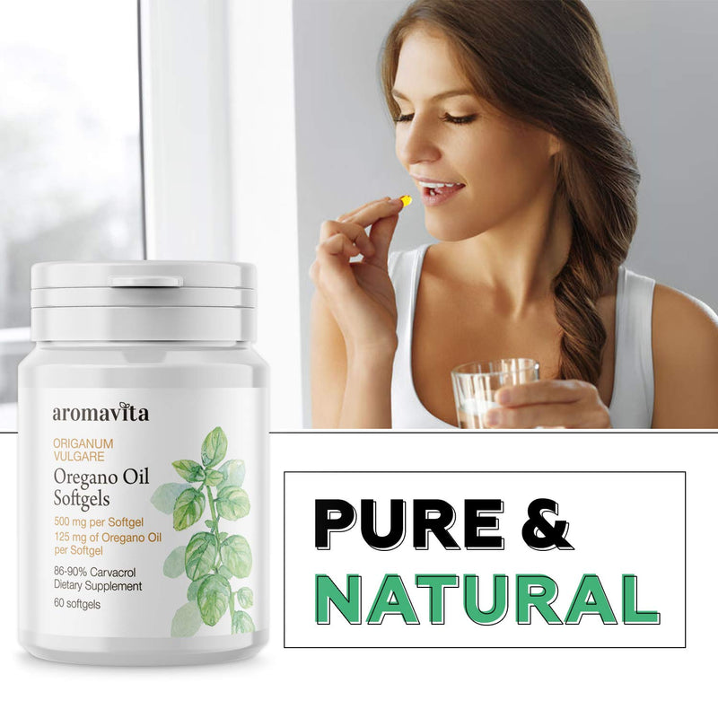 Aromavita Oregano Oil Capsules – Non GMO and Gluten Free, Greek Oregano Oil Containing 108mg Per Serving – Over 86-90% Carvacrol – 60 Softgels, Regular - NewNest Australia