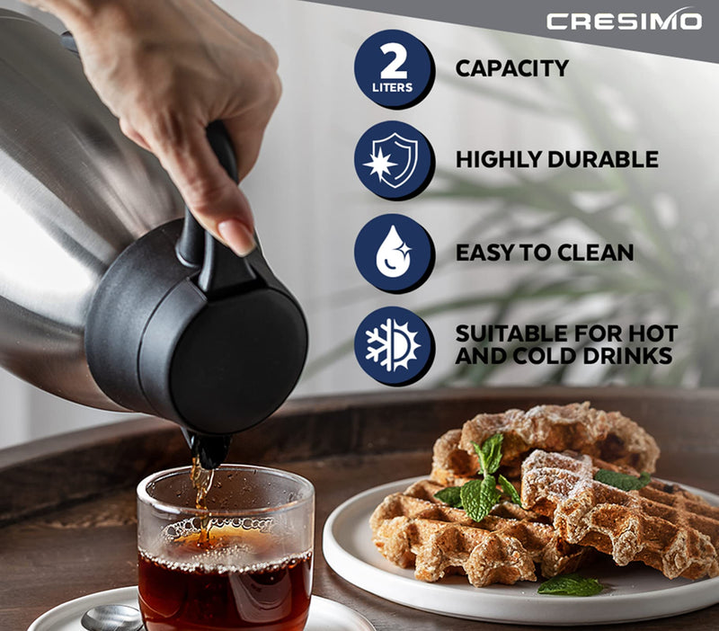 Cresimo 2 Litre Stainless Steel Coffee Jug / Double Walled Vacuum Tea Carafe / 12 Hour Heat Retention / 24 Hour Cold Retention / Thermal Insulated Airpot - NewNest Australia