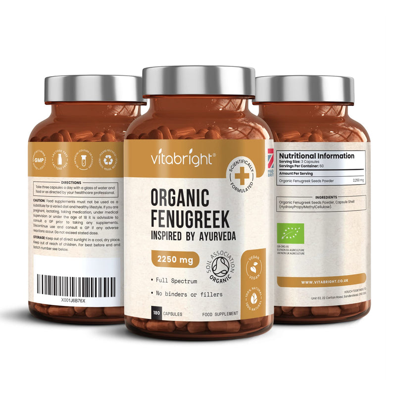 Organic Fenugreek Capsules - 2250mg High Strength - 180 Capsules (60 Day Supply) - Supports Healthy Blood Sugar Levels and Healthy Cholesterol Levels - Vegan - Made in The UK by VitaBright - NewNest Australia