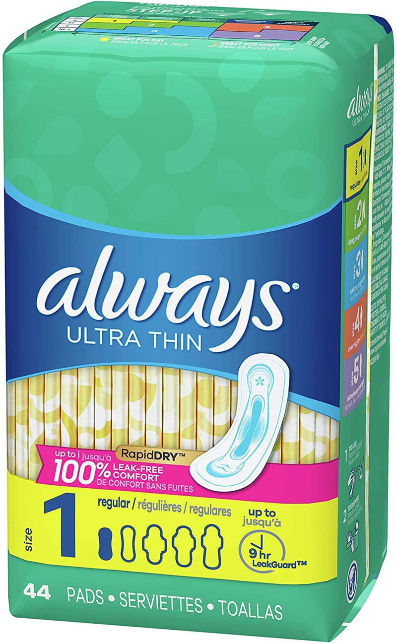 Always Ultra Thin Pads for Women, Size 1 Regular Absorbency Without Wings Unscented, 44 Count - Pack of 3 (132 Count Total) - NewNest Australia