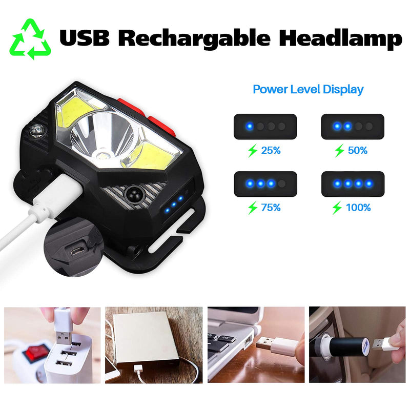 Rechargeable LED Headlamp, 2 Pack Bright Ultra-Light Headlamps for Adults Kids, 6 Modes White & Red lamp Angle Adjustable Waterproof Motion Sensor Hand-free Flashlight for Camping Running Hiking - NewNest Australia