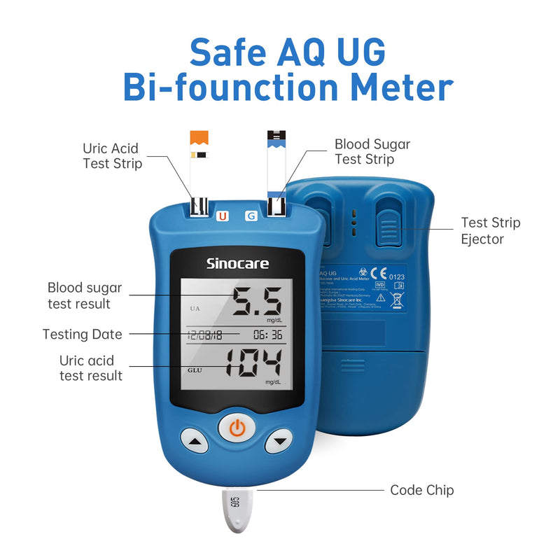 Uric Acid Meter, Blood Glucose Monitor, Uric Acid Self Measuring Kit, Sugar Meter With Test Strips, Blood Glucose, Uric Acid Test Strips, Lancets (Sinocare Safe Aq Ug) - NewNest Australia