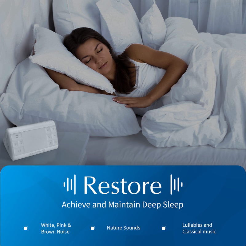 SoundSleeper White Noise Machine and Relaxation Aid with Voiced Relaxation Script, 33 Sounds, Digital Clock, Temperature & Humidity Monitors, and Nightlight. Portable, Rechargeable Sleep Aid. - NewNest Australia