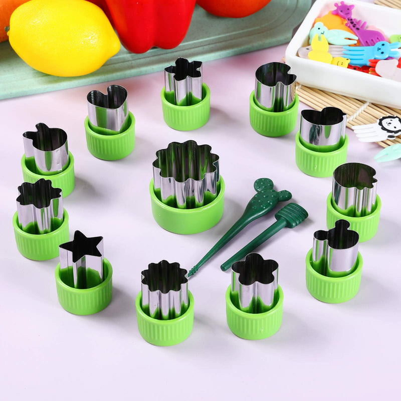 NewNest Australia - Vegetable Cutters Shapes Set, 12pcs Stainless Steel Mini Cookie Cutters, Vegetable Cutter and Fruit Stamps Mold + 20pcs Cute Cartoon Animals Food Picks and Forks -for Kids Baking and Food Supplement 