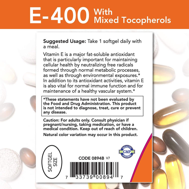 NOW E-400 Vitamin E-400 IU MT Softgels with Mixed Tocopherols, 250 Softgels - NewNest Australia
