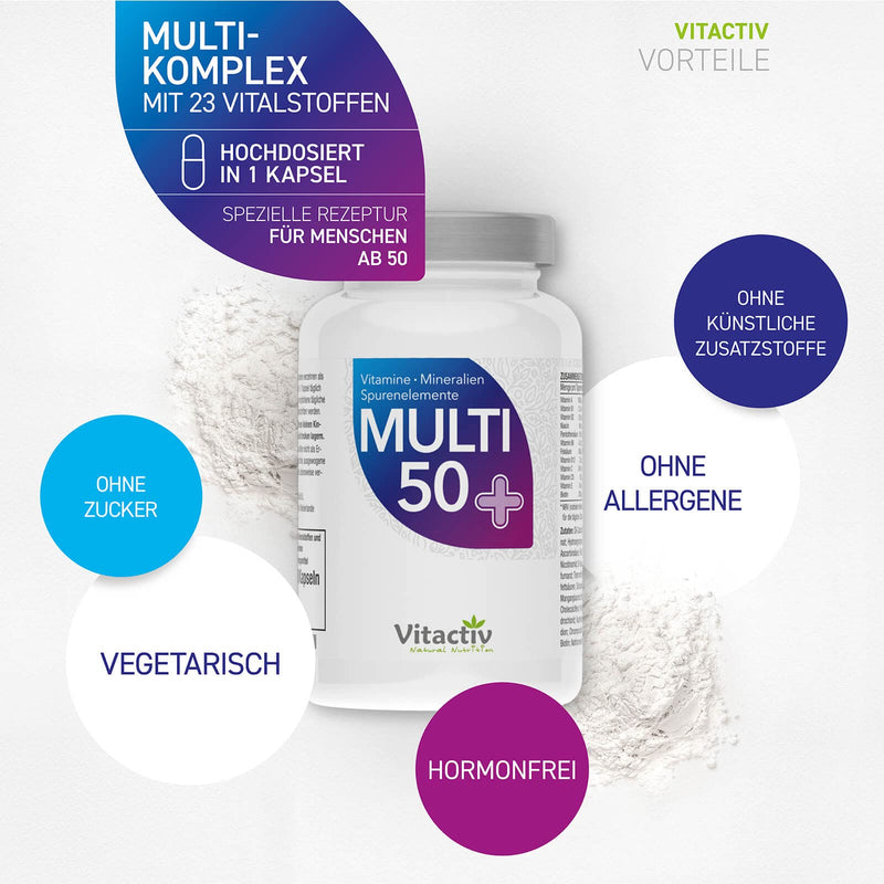 Vitactiv Multi 50 Plus Multivitamin Complex For People From 50 - Vitamins, Minerals, Trace Elements - Vitamin B, C, E, K, D, Magnesium, Calcium, Zinc - High Dosage, Hormone-Free, No Iodine - 60 Capsules - NewNest Australia
