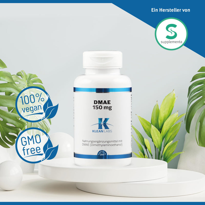 Klean Labs - DMAE (dimethylaminoethanol) 150mg per capsule - 200 capsules - vegan, without genetic engineering, without unwanted additives & high dosage - NewNest Australia