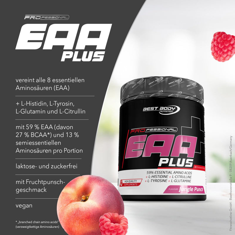 Best Body Nutrition Professional Eaa Plus - All 8 Essential Amino Acids + L-Histidine, L-Tyrosine, L-Glutamine And L-Citrulline - Vegan - Jungle Punch - 450 G Tin - NewNest Australia