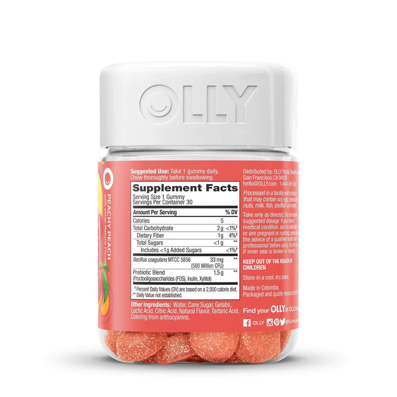 OLLY Probiotic + Prebiotic Gummy, Digestive Support and Gut Health, 500 Million CFUs, Fiber, Adult Chewable Supplement for Men and Women, Peach, 30 Day Supply - 30 Count Balanced Belly (30 Day Supply) - NewNest Australia