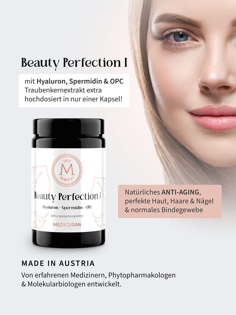Medicusan Beauty Perfection I - 200mg hyaluronic acid - 1mg spermidine - 11,250mg OPC grape seed - 100% NRV biotin, copper, manganese - nettle, lavender, dandelion and much more. – 2 capsules/day – 60 PCS/30 days - NewNest Australia