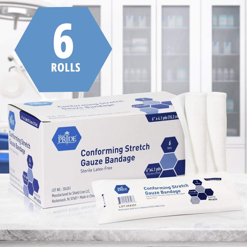 Medpride Conforming Stretch Gauze Bandages, 6 Rolls 6'' x 4.1 Yards| Sterile Latex Free First Aid Pads | Wound Care Rolled Dressing Wrap | Medical Non-Adherent Mesh Bandages 6x147.6 Inch (Pack of 6) - NewNest Australia