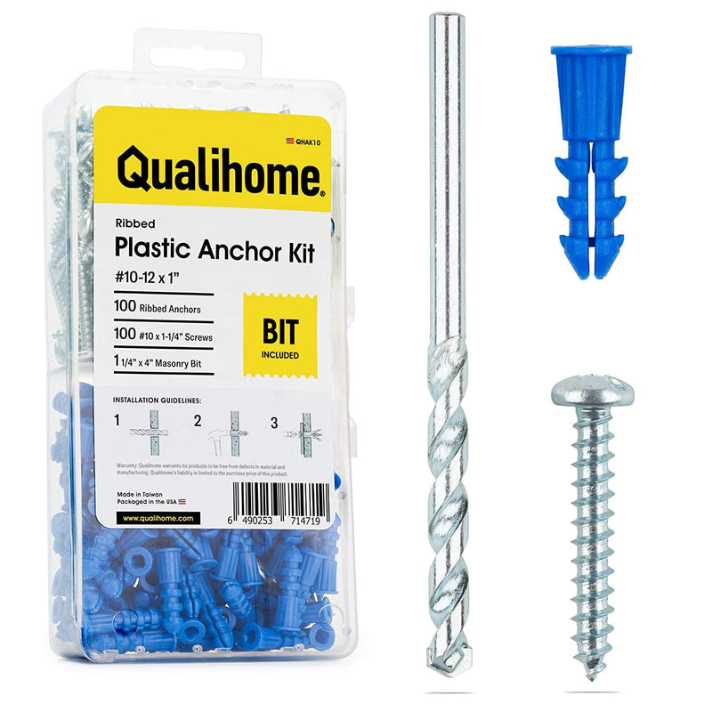 Ribbed Plastic Drywall Anchor Kit with Screws and Masonry Drill Bit, 10-12 x 1" - NewNest Australia
