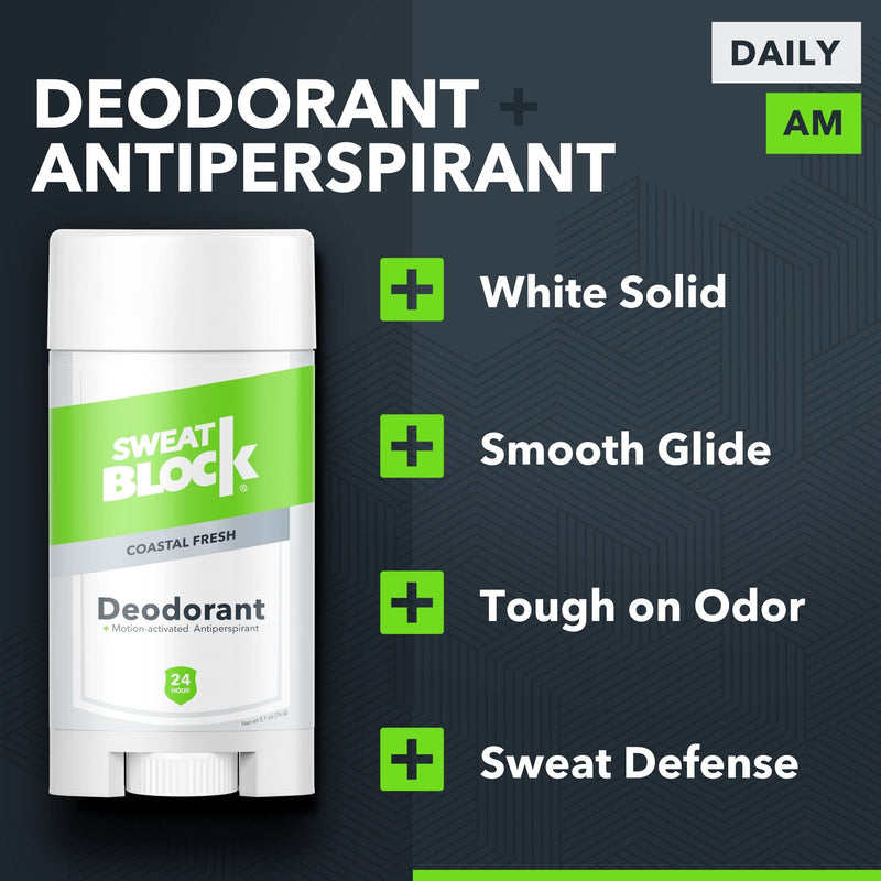 SweatBlock [AM] Deodorant Antiperspirant for Men & Women - Daily Sweat & Odor Protection - Easy, Clean, Smooth Glide - Dermatologist Tested - Coastal Fresh Scent, 2.7oz Stick (Daily Strength 2 Pack) - NewNest Australia