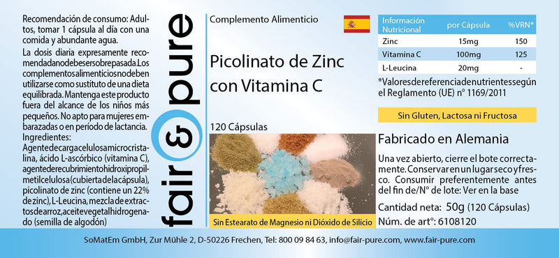 Fair & Pure® - zinc picolinate 15mg elemental zinc and 100mg vitamin C - vegan - without magnesium stearate - 120 vegan zinc capsules - NewNest Australia