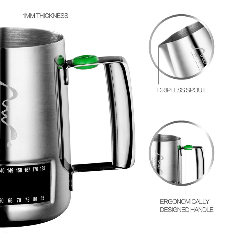 Stainless Steel Milk Frothing Pitcher With Integrated Thermometer, 20oz/600ml Milk Coffee Cappuccino Latte Art Frothing Pitcher Barista Milk Jug Cup, Measurements on Both Sides Include Art Pen & Cloth 600ml/20oz Silver - NewNest Australia