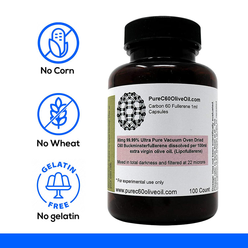 PureC60OliveOil C60 Olive Oil Capsules Pills 100ml / 3.4 Fl Oz - 99.99% Carbon 60 Solvent Free 80mg - Food Grade - Carbon 60 Olive Oil - From The Leading Global Producer - NewNest Australia