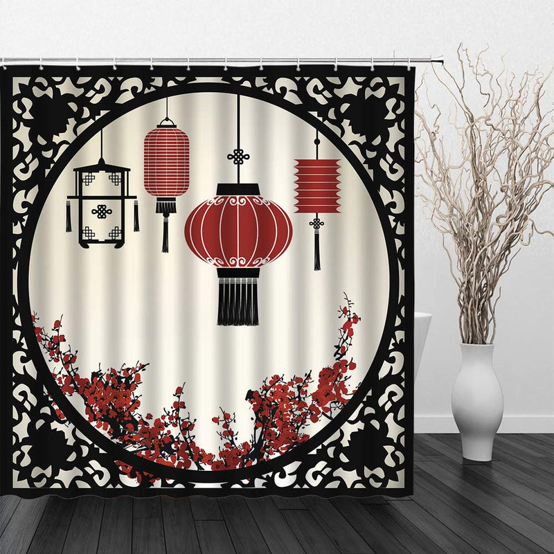 BCNEW China Window Shower Curtain Decor Oriental Lantern Plum Blossoms Red Flower Bathroom Curtain Polyester Fabric Machine Washable with Hooks 70x70 Inches Black Red 70" W x 70"H - NewNest Australia