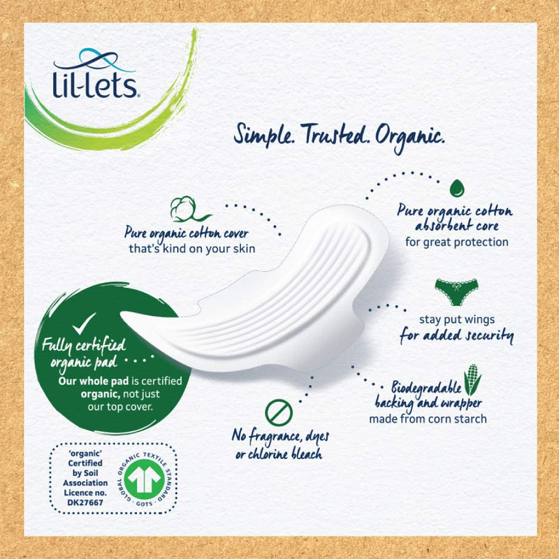 Lil-Lets Organic Cotton Normal Pads, 10 Count, Ultra Thin, with Wings, for Light to Medium Flow, GOTS Certified, Plastic Free, Biodegradable, 100% Organic Cotton Top Cover and Absorbent Core - NewNest Australia