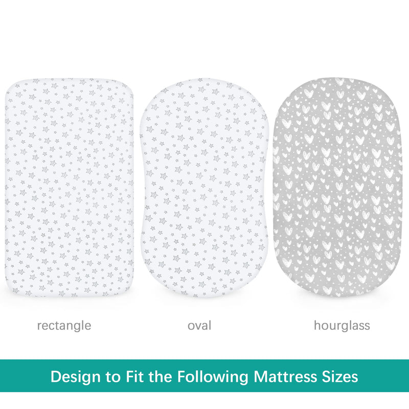 Waterproof Bassinet Sheets Fit for Hourglass, Oval Bassinet Mattress 2 Pack, 100% Organic Cotton, Ultra Soft, Unisex White Grey Star Print for Baby Bassinet Sheets 32" x 17" - NewNest Australia