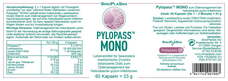 Pylopass MONO 200mg, 60 capsules, for diet management for Helicobacter Pylori infections, high dosage, vegan, lactose-free, gluten-free, quality monitored - NewNest Australia