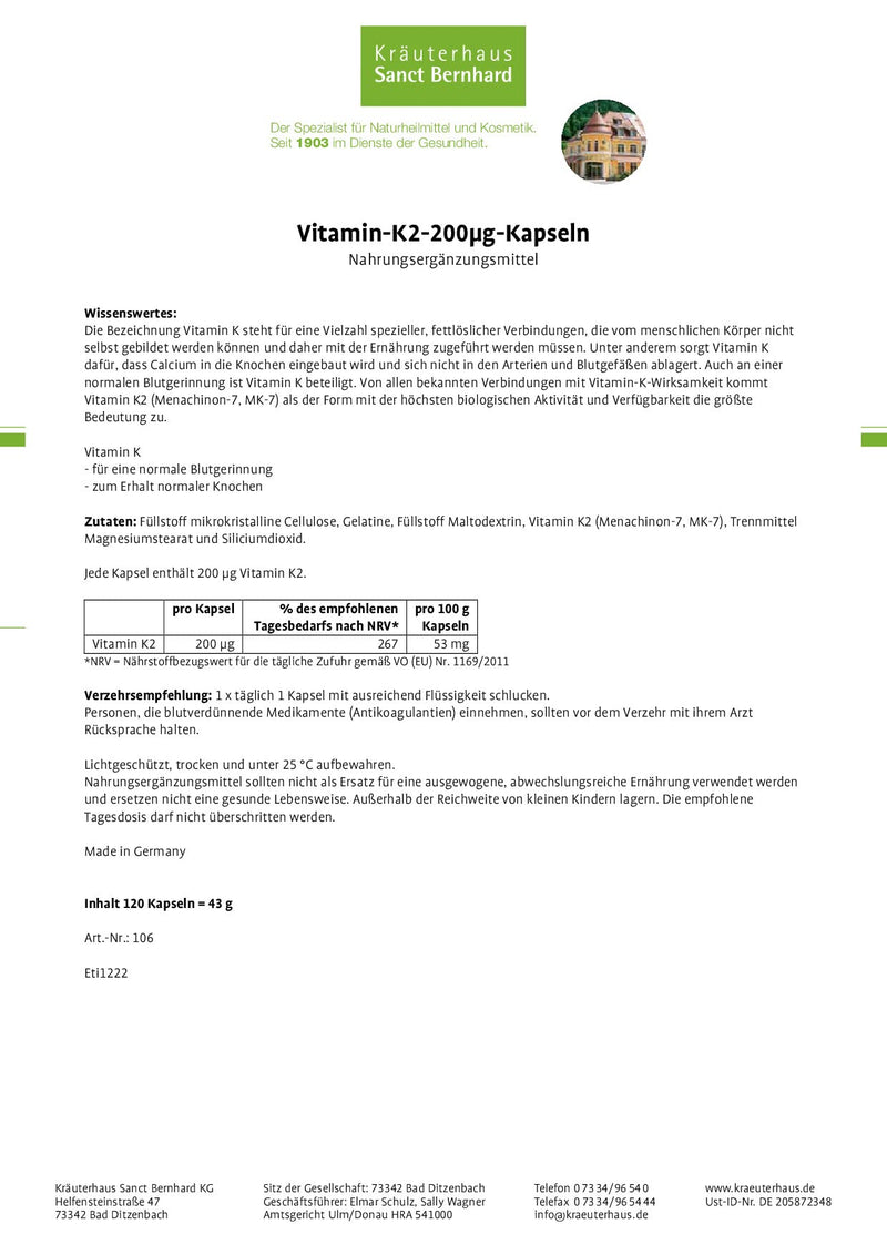 Sanct Bernhard Vitamin K2 (Menaquinone-7, MK-7) 200µg capsules, contents 120 capsules for 4 months - NewNest Australia
