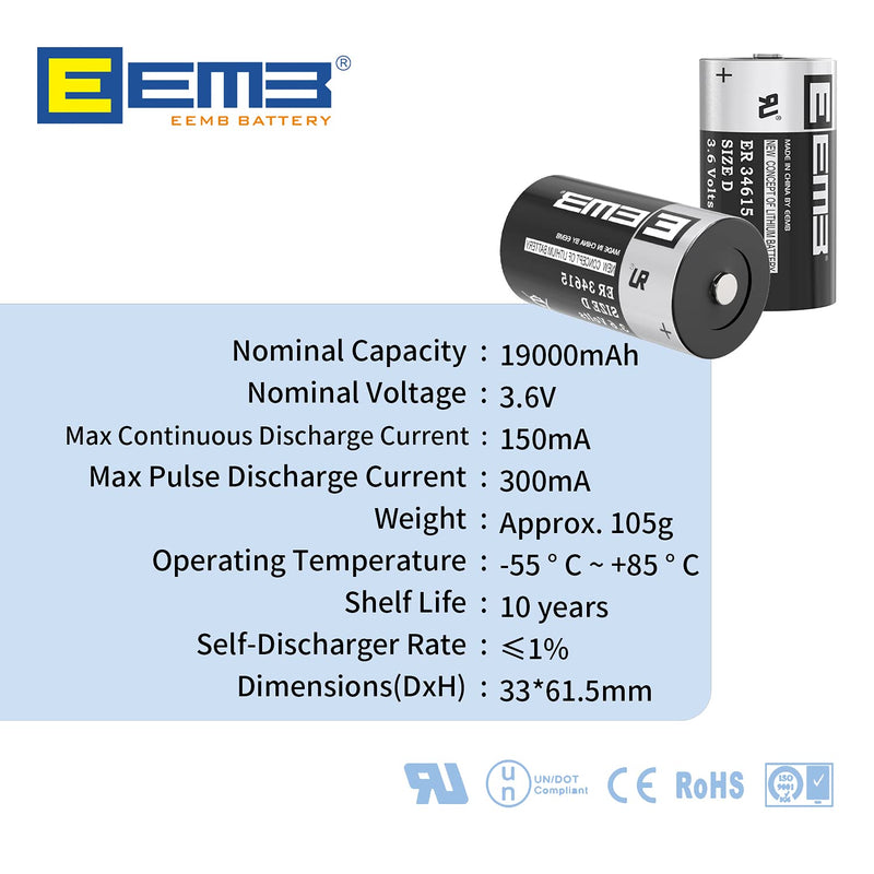 EEMB ER34615 Nonrechargeable 3.6V Lithium Battery Li-SOCL₂ D Size 19000 mAh High Capacity UL Certified Single-Use 3.6V Lithium Thionyl Chloride Battery DO NOT Charge Battery 1 - NewNest Australia