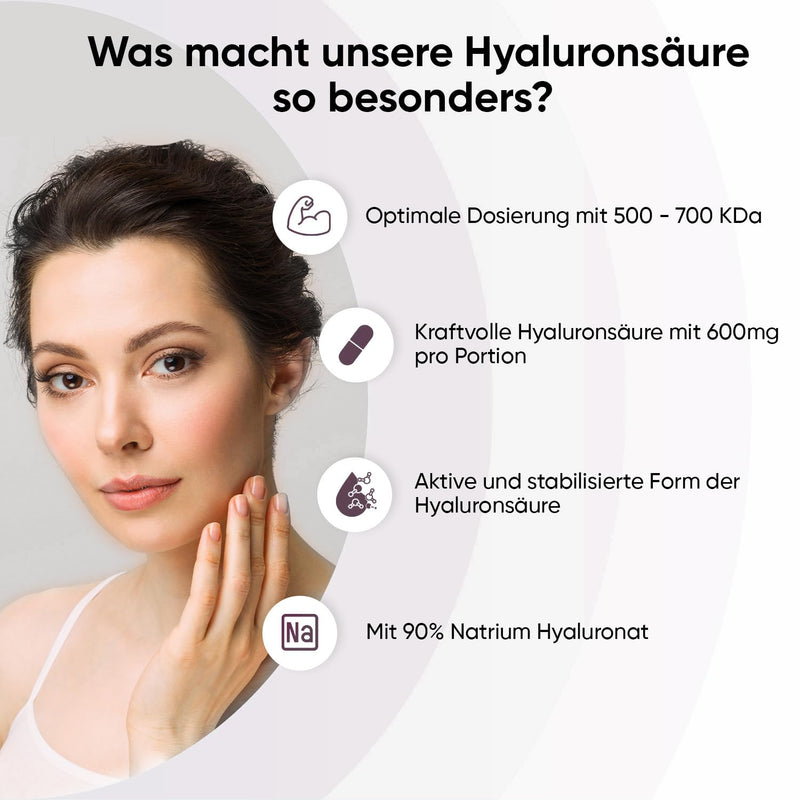 Hyaluronic capsules - 1 capsule (600mg) - 4 month supply - Low molecular size (500-700 KDA) - 120 hyaluronic acid capsules - Alternative to serums & tablets - Hyaluronic acid as sodium hyaluronate - NewNest Australia