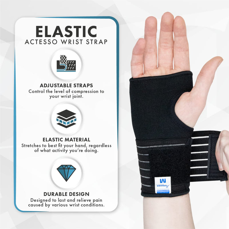 Actesso Elastic Wrist Support with Strap - (M, Black) - Ideal for Sprains, Injury or Sports Use with no Metal bar - Support Without inhibiting Flexibility | Left or Right M (Pack of 1) - NewNest Australia