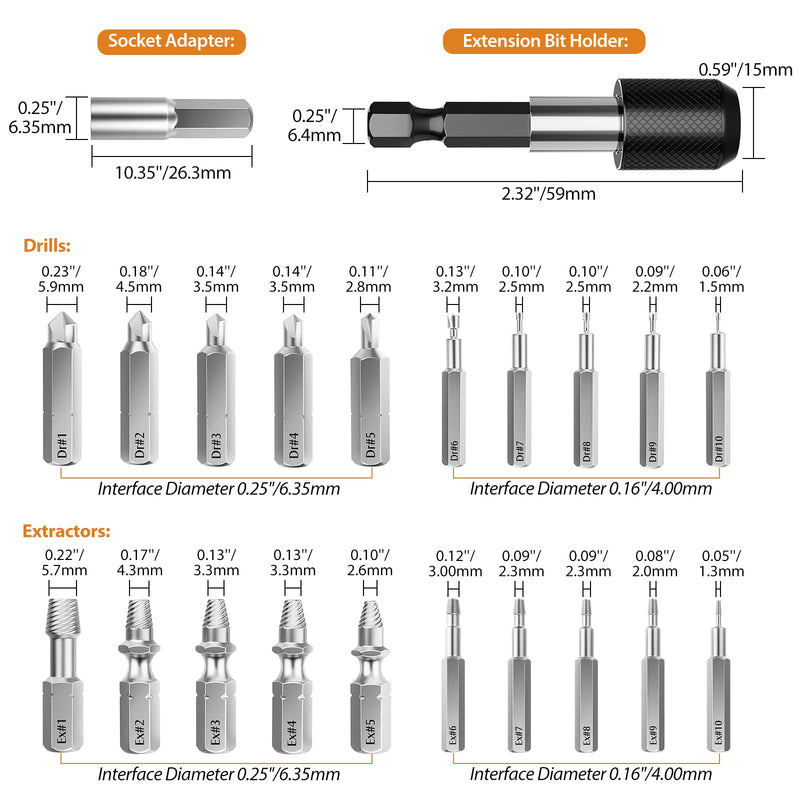 Nuovoware Damaged Screw Extractor Set, 22 PCS Easy Out Stripped Screw Extractor Kit, All-purpose HSS Broken Screw Remover Set with Magnetic Extension Bit Holder & Socket Adapter 22pcs - NewNest Australia