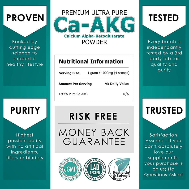 Ultra Pure Ca-AKG Supplement Powder - 30 Grams x 60 Days Supply - Certified 99% Pure Calcium Alpha-Ketoglutarate for Energy, Vitality, Mental Focus, Clarity & DNA Structure - Pre-Workout Supplement 30g - NewNest Australia