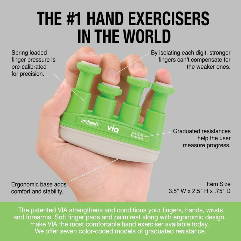 PROHANDS VIA Hand Exerciser, Finger Exerciser (Hand Grip Strengthener), Spring-Loaded, Finger-Piston System, Isolate and Exercise Each Finger 2 lb (X-Light Tension) Green - Via - NewNest Australia