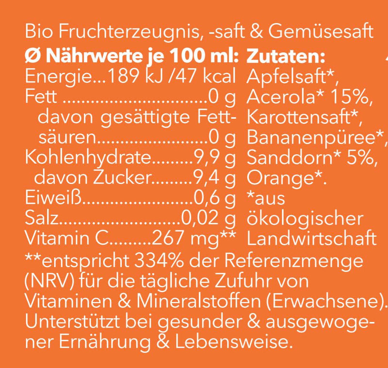 Weekly package: Energy donor organic, 7 x 30ml. Natural shot against tiredness and exhaustion. 1 shot = your daily requirement for vitamin C. Without additives. - NewNest Australia