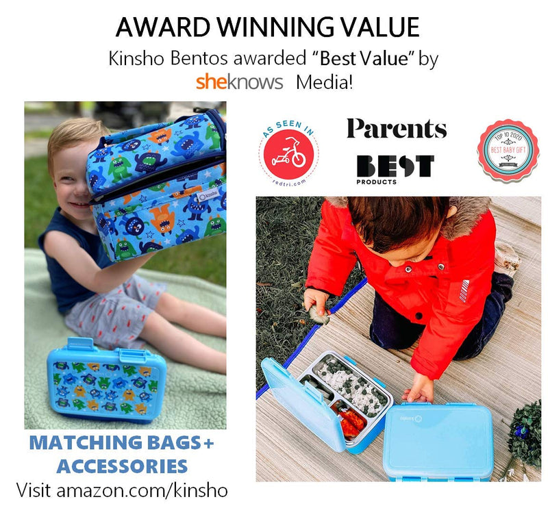 NewNest Australia - Stainless Steel Toddler Lunch Box for Daycare, Insulated Bento for Kids Toddlers Boys Baby, 3 Eco Metal Portion Sections Leakproof Lid, Pre-School Lunches Snack Container Kid Ages 3 to 7 Blue Monster Blue Monster Mini 1 