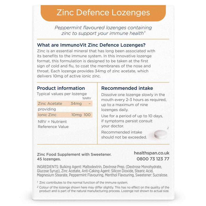 Healthspan ImmunoVit Zinc Defence Lozenges (45 Lozenges) | All Year-Round Immunity Support | Cold & Flu | Providing 10mg Ionic Zinc (100% NRV) | Peppermint Flavoured | Vegan - NewNest Australia