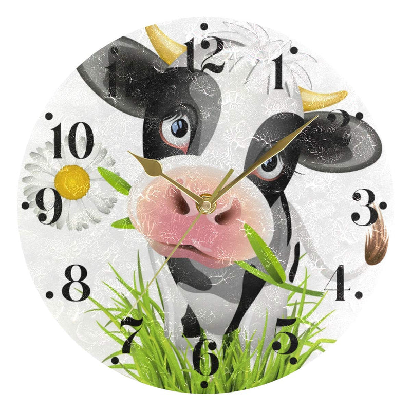 NewNest Australia - Hupery Cute Holstein Cow Wall Clock Silent Non Ticking Round Wall Hanging Clock Battery Operated Black Hands Decorative Wall Clocks for Bedroom Living Room Kitchen Office School Black25x25cm 