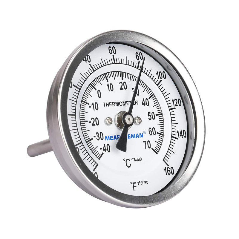 Measureman Fully Stainless Steel Pot, Kettle, Brewing Bimetal Dial Thermometer, 3" Dial, 2-1/2" Stem, -40-160 deg F/-40-70 deg C, +/-1% Accuracy, Adjustable, 1/2" NPT Back Mount -40-160 ℉/ ℃ 2.5" Stem - NewNest Australia